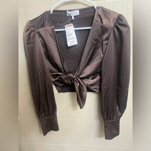 WAYF Brown Satin Tie Top